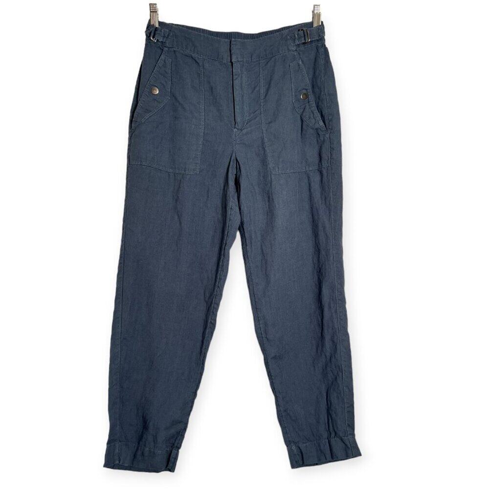 Athleta Voyager Linen Pant High Rise SIZE 8 Granite Blue Adjustable Waist Pocket